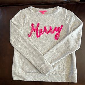 Light sweater with pink embroidered letters MERRY color gray
